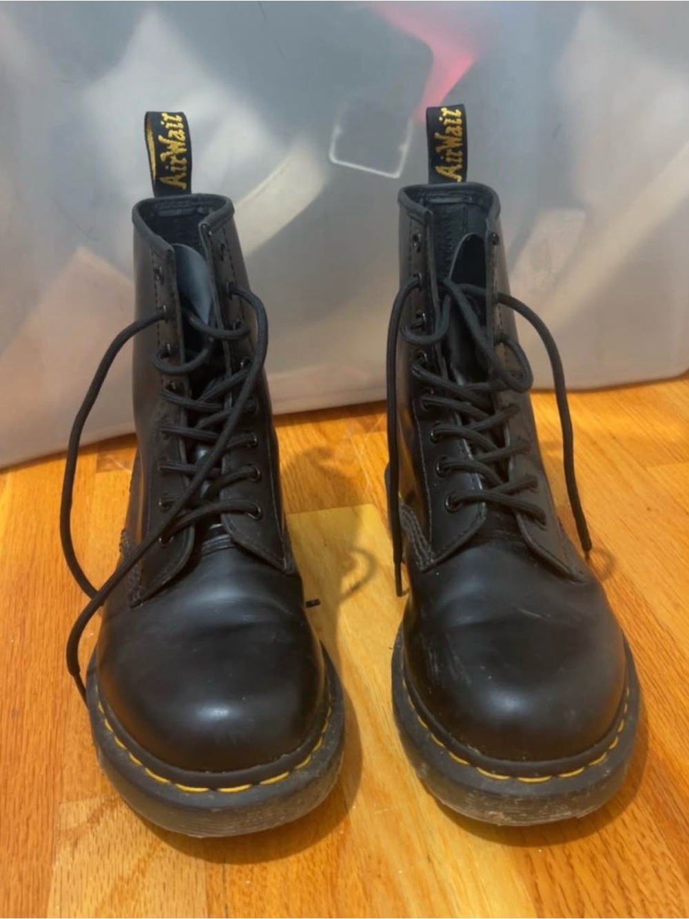 Dr. Martens Black Leather 8-Eye Lace-Up Boots with Yellow Stitching